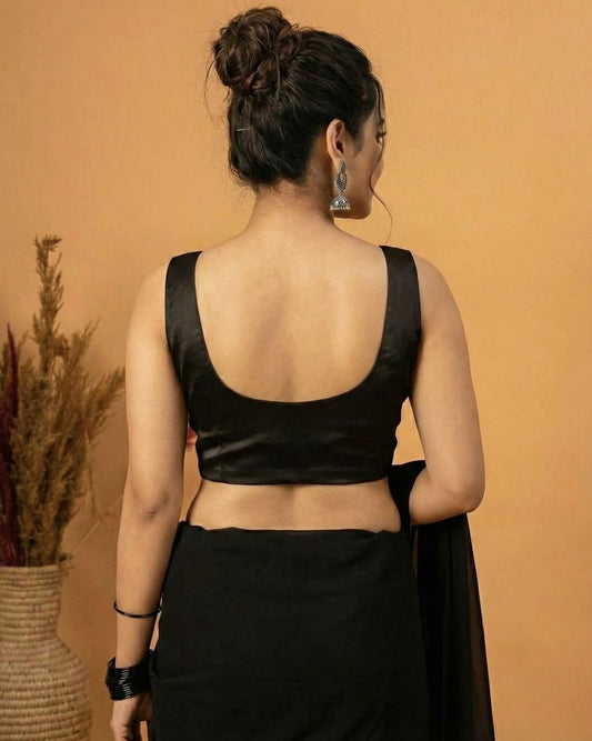 Black Satin Fancy Blouse Design – Sleeveless V Neck Party Wear Saree Blouse