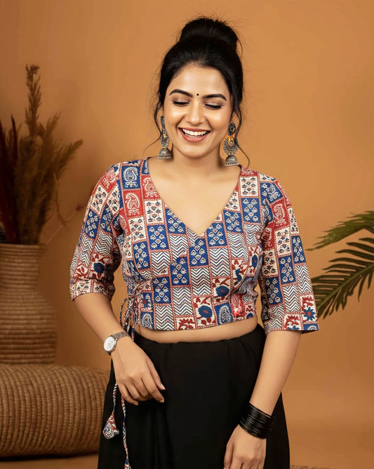 Red & Blue Printed Angrakha Blouse – Wrap Style Saree Blouse Design