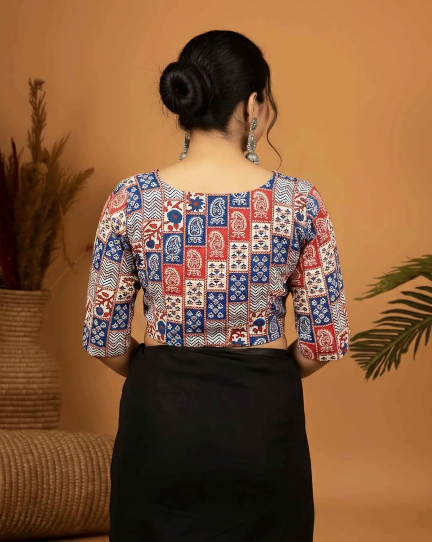Red & Blue Printed Angrakha Blouse – Wrap Style Saree Blouse Design