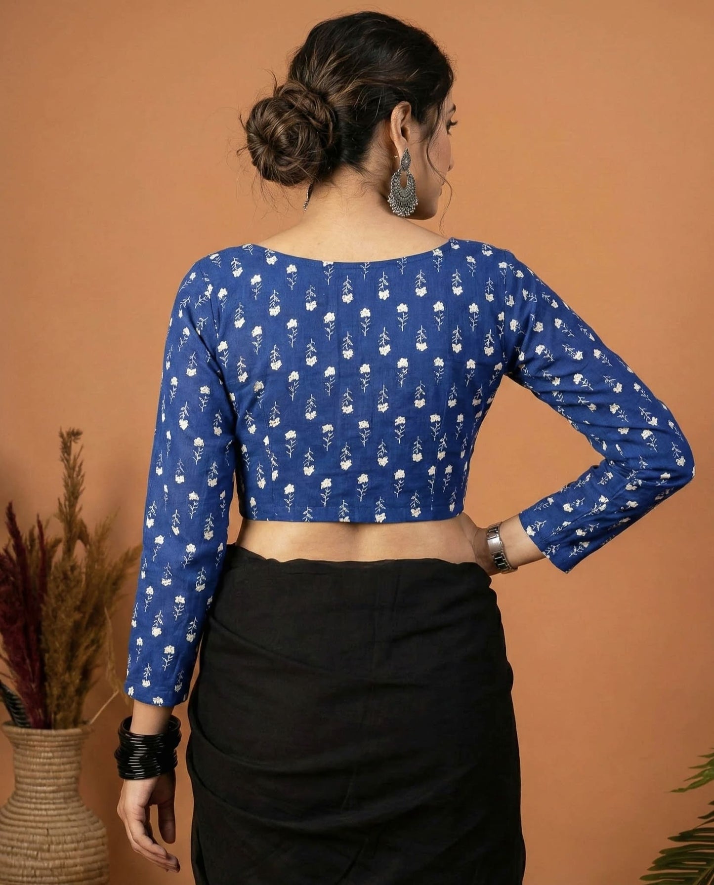 Elegant Blue Printed Fancy Blouse Design with V Neck & Full Sleeves