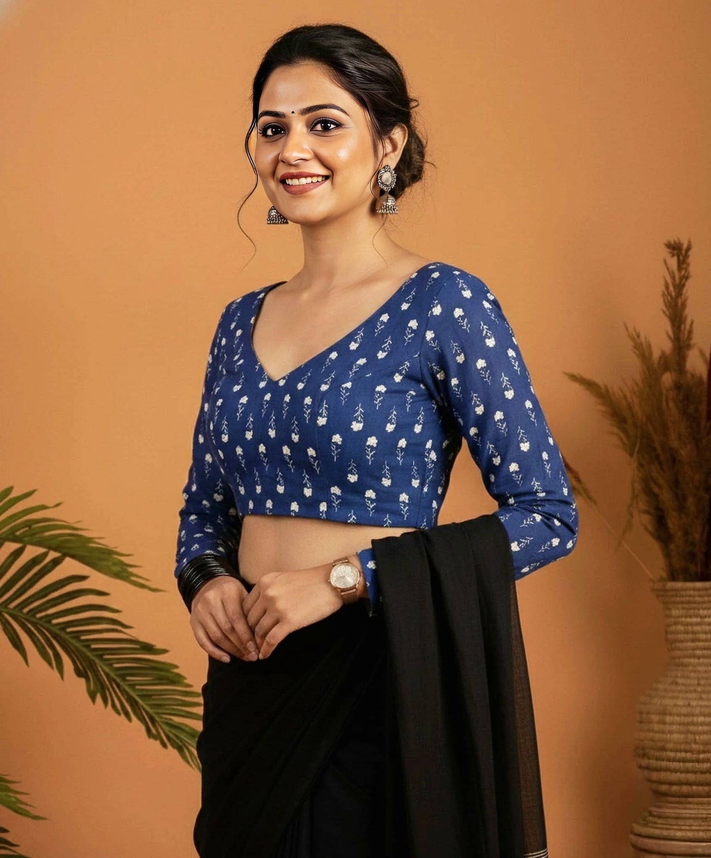 Elegant Blue Printed Fancy Blouse Design with V Neck & Full Sleeves