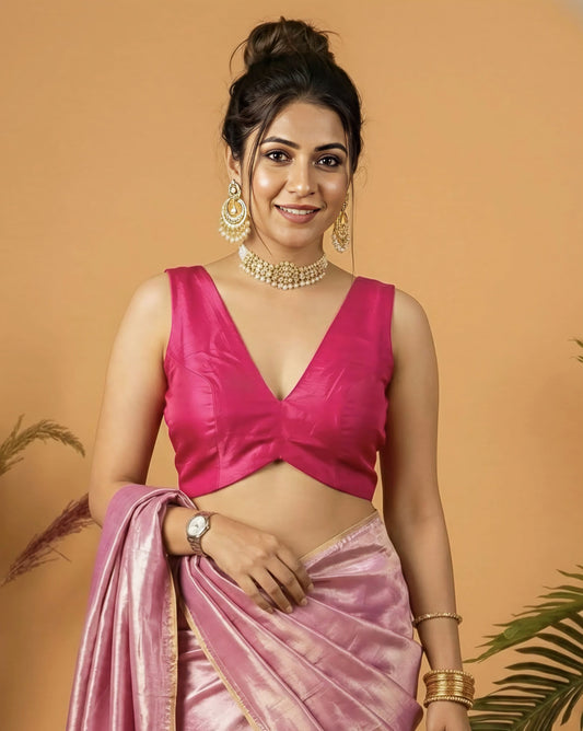 Hot pink fancy blouse design with deep V-neck and sleeveless party wear style
