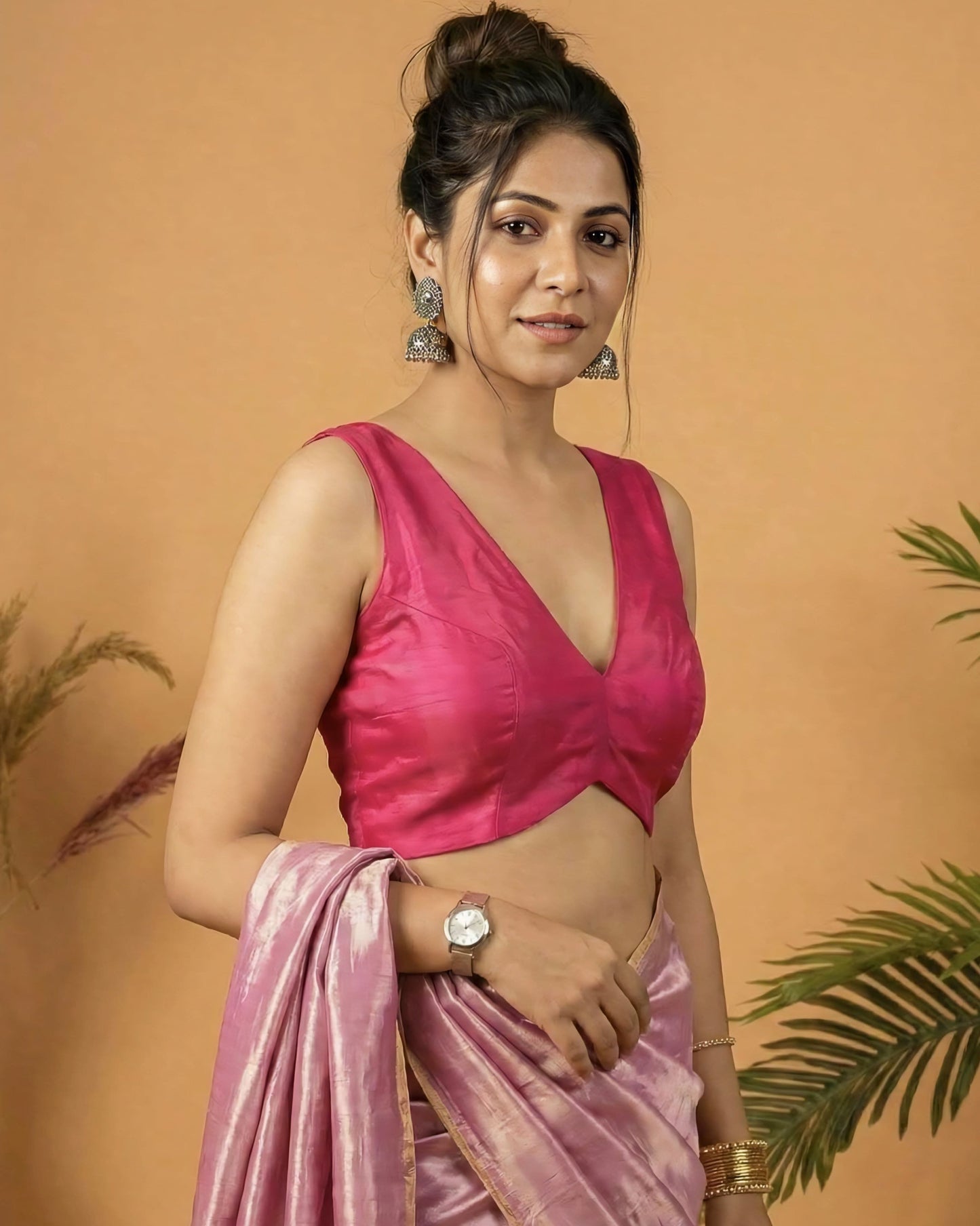 Hot Pink Fancy Blouse Design with Deep V-Neck – Sleeveless Party Wear Saree Blouse