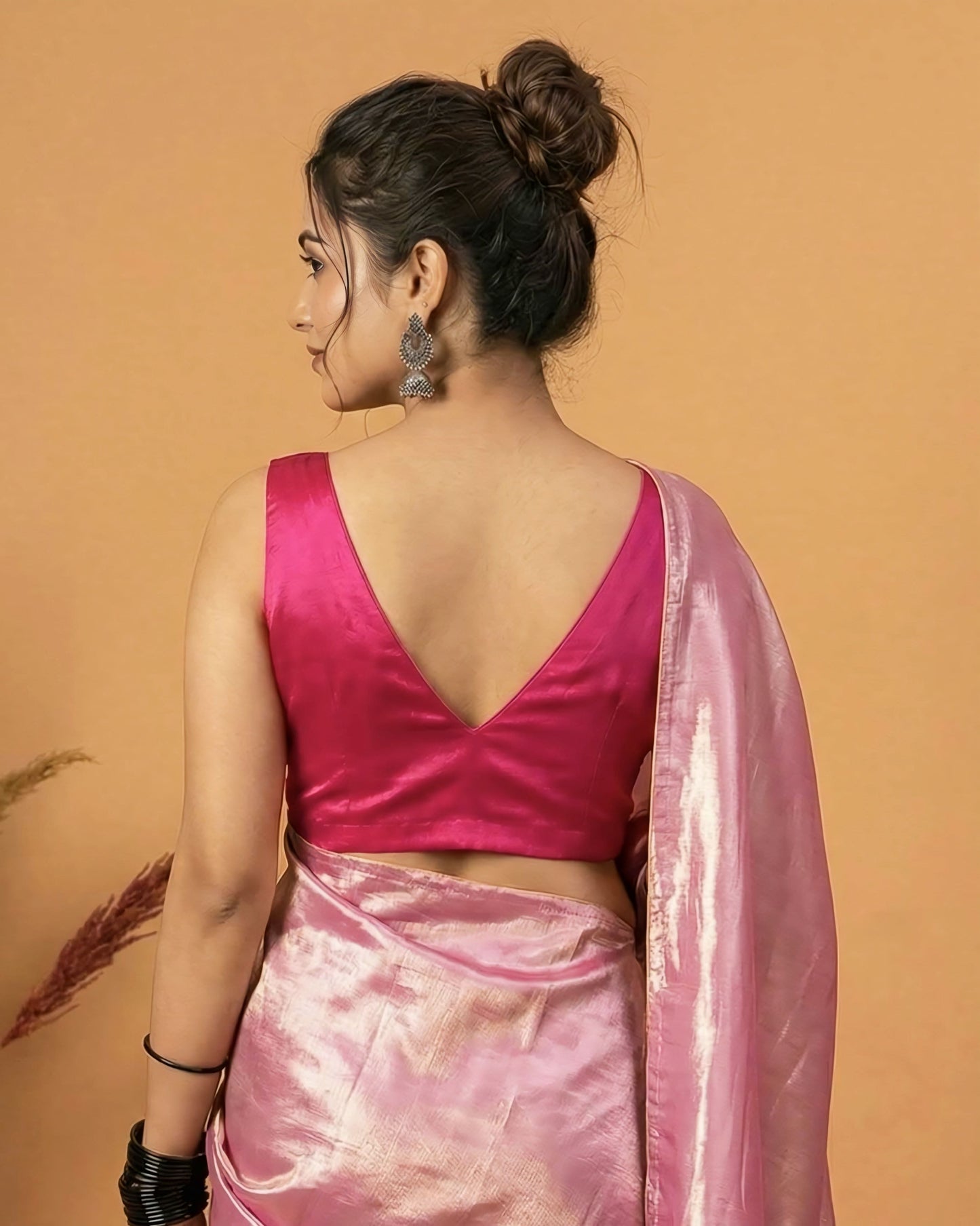 Hot Pink Fancy Blouse Design with Deep V-Neck – Sleeveless Party Wear Saree Blouse