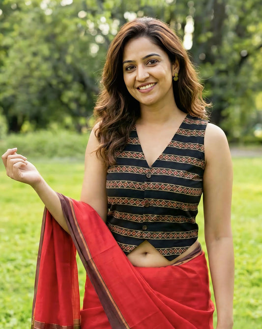 Black printed sleeveless fancy blouse design with V-neck and front buttons paired with red saree