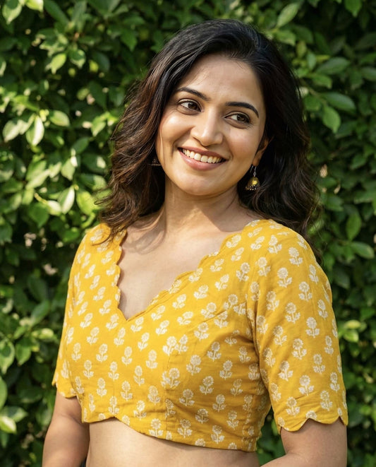 Mustard Yellow Printed Fancy Blouse Design with Scallop Neck