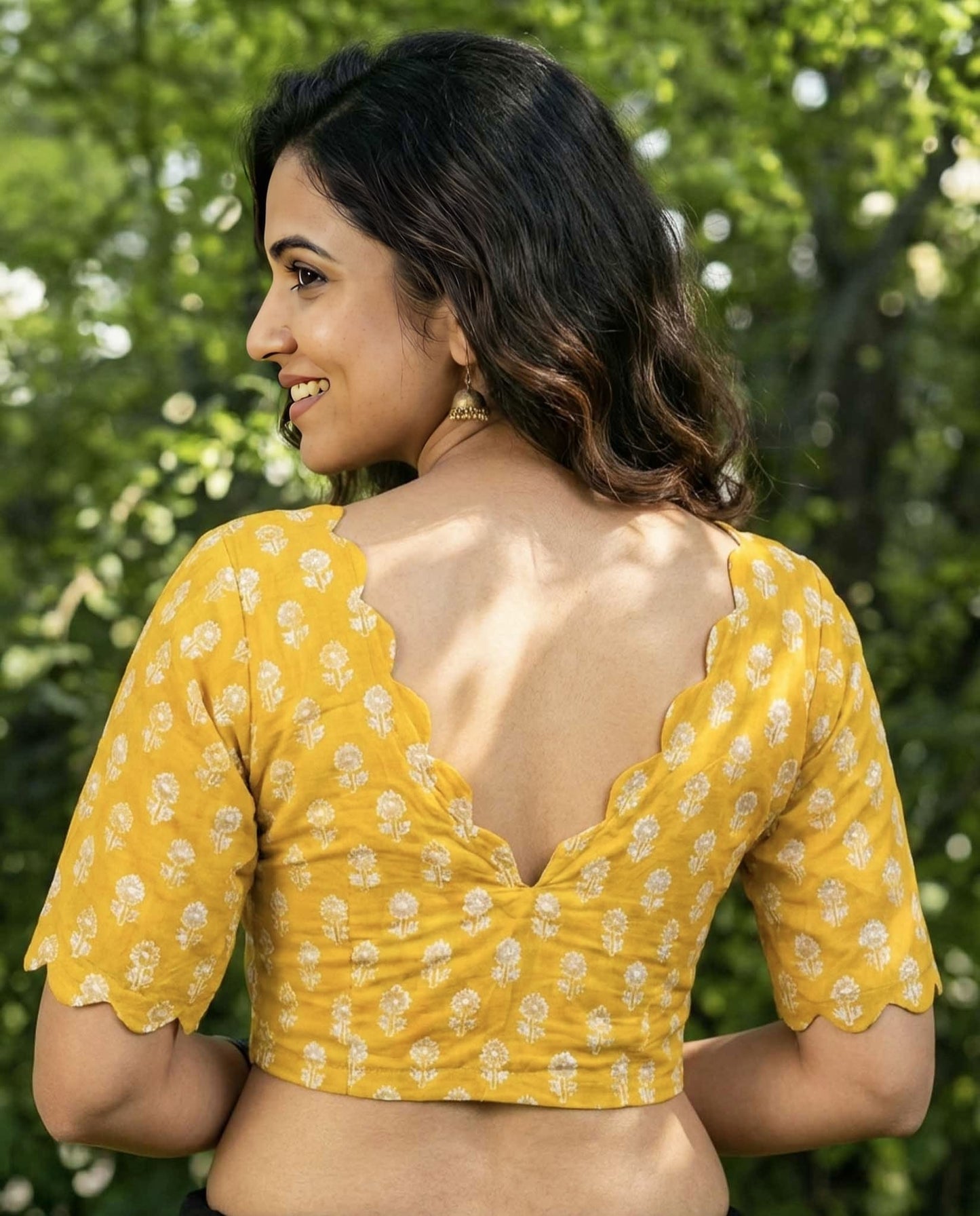 Mustard Yellow Printed Fancy Blouse Design with Scallop Neck
