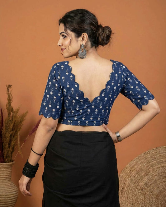 Navy Blue Printed Fancy Blouse Design with Scallop Neck