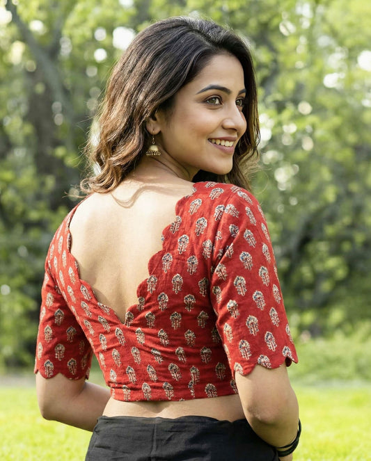 Red Printed Fancy Blouse Design with Scallop Neck & Sleeves
