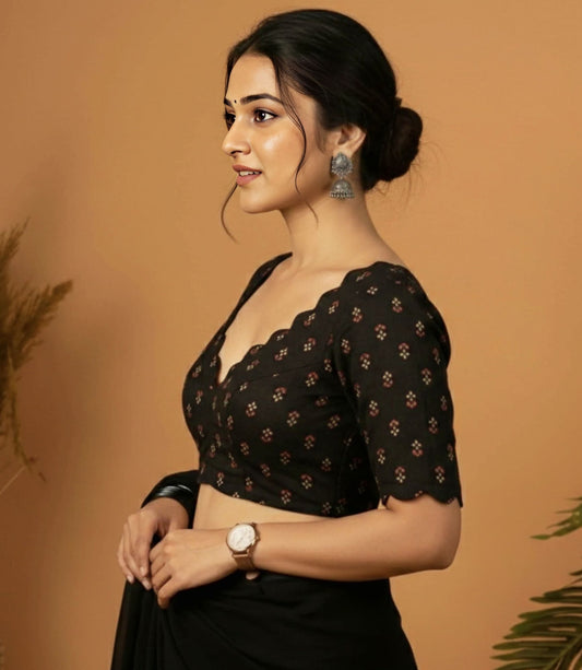 Black Printed Fancy Blouse Design with Scallop Neck & Sleeves