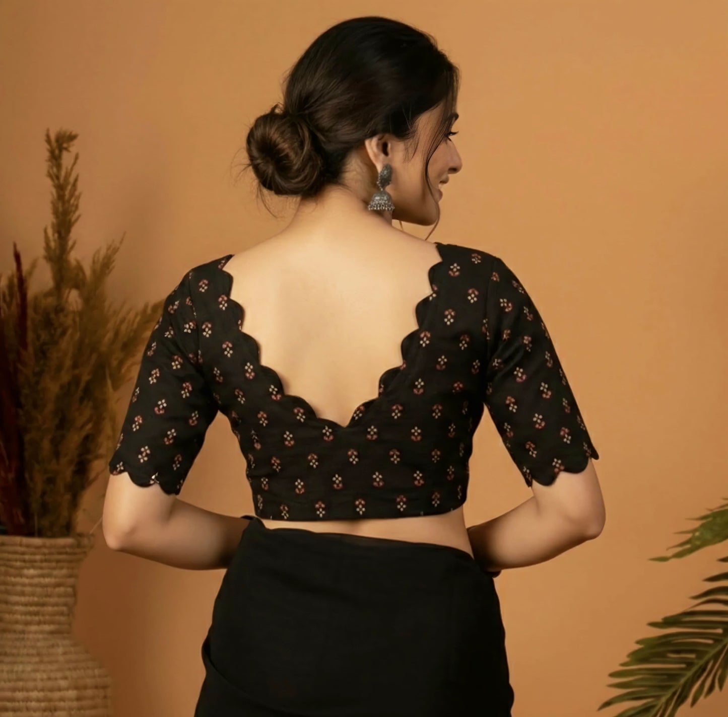 Black Printed Fancy Blouse Design with Scallop Neck & Sleeves