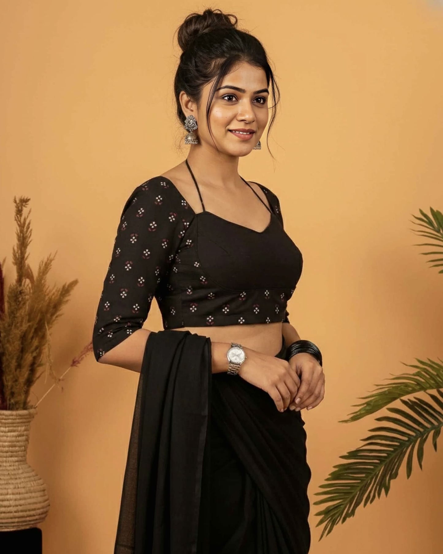 Modern Black Fancy Blouse Design with Strappy Neck & Printed Sleeves