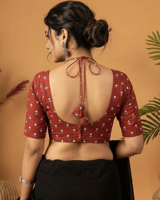 Maroon Fancy Blouse Design with Strappy Neck & Printed Sleeves