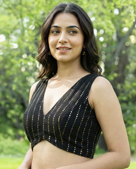 Black sleeveless fancy blouse design with deep V neckline and subtle dotted pattern styled with saree.