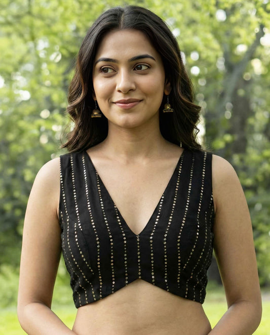 Black Sleeveless Fancy Blouse Design with Deep V Neck