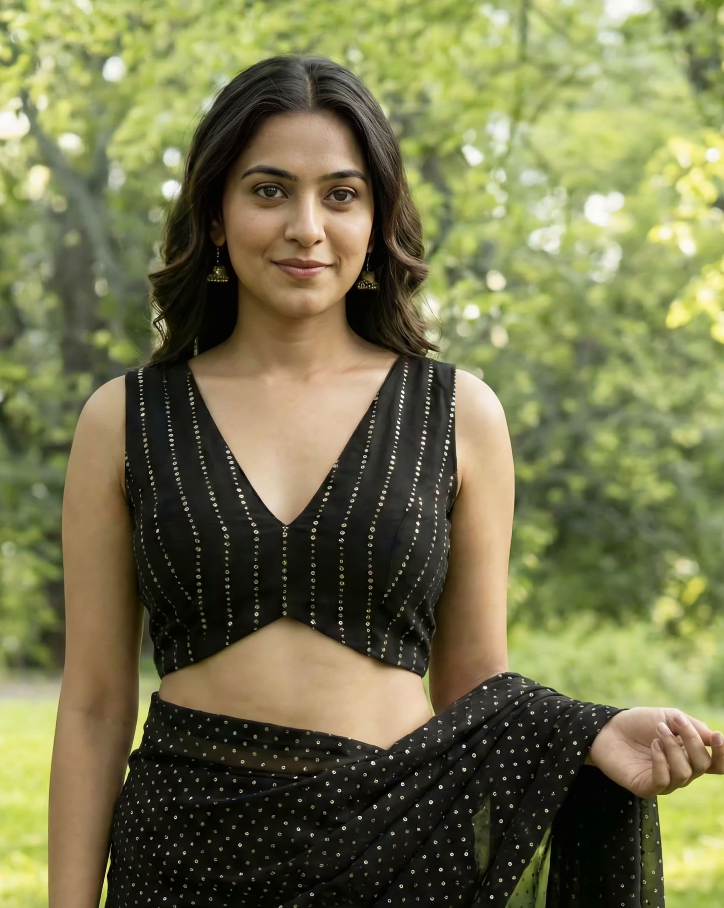 Black Sleeveless Fancy Blouse Design with Deep V Neck