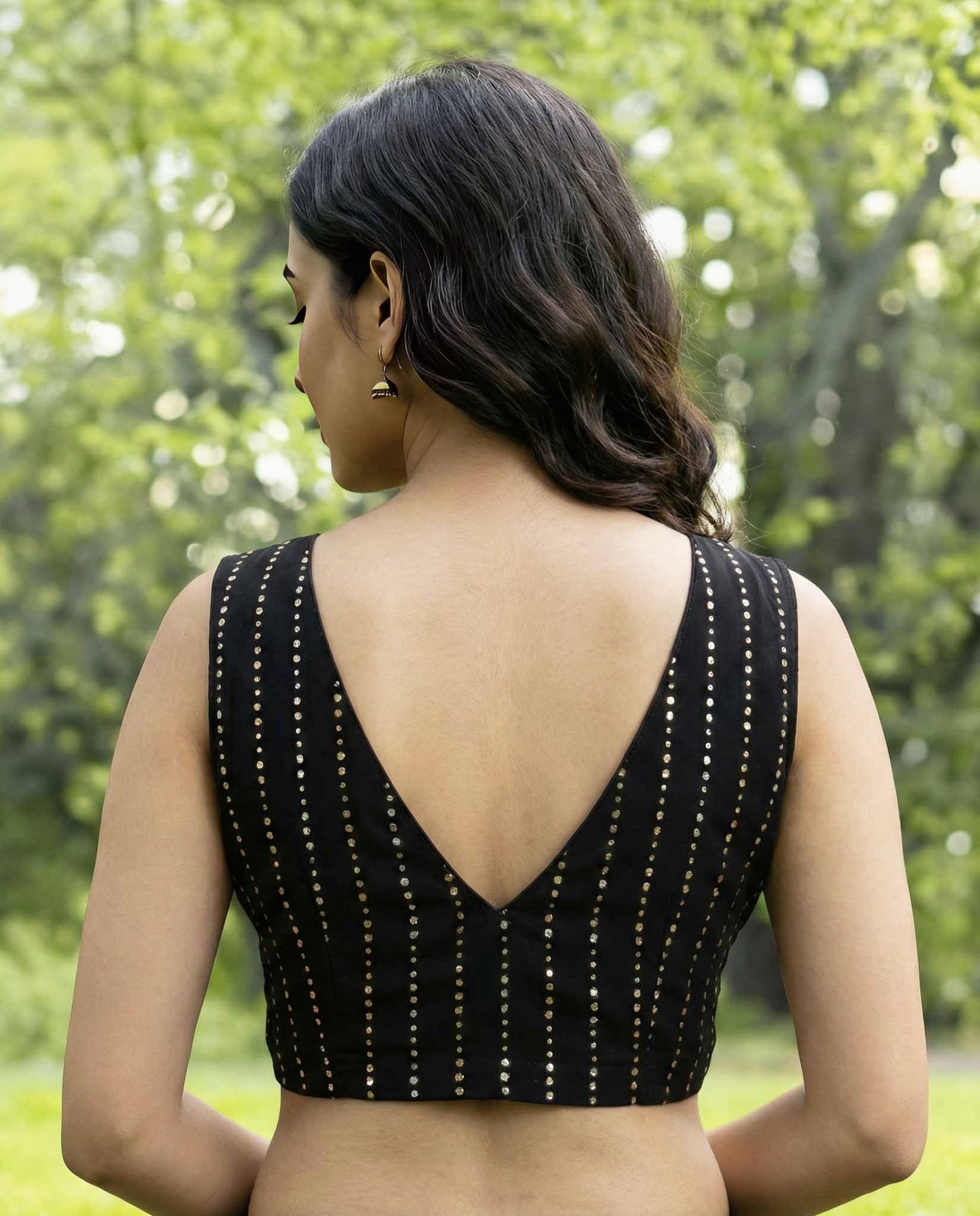 Black Sleeveless Fancy Blouse Design with Deep V Neck
