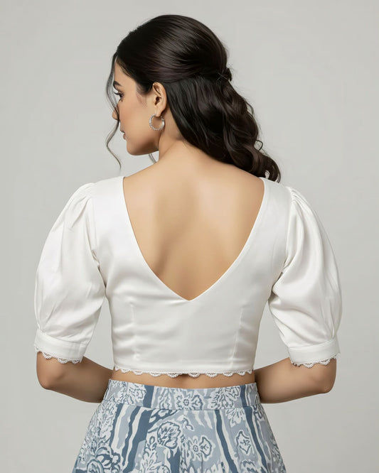 Elegant White V Neck Blouse with Puff Sleeves