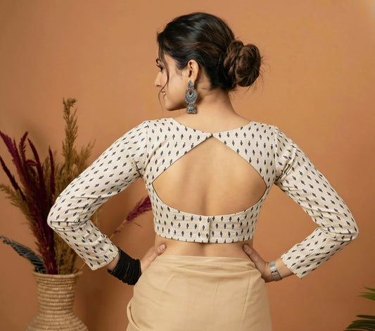 Cream Printed Fancy Blouse Design with Sweetheart Neck – Full Sleeve Saree Blouse