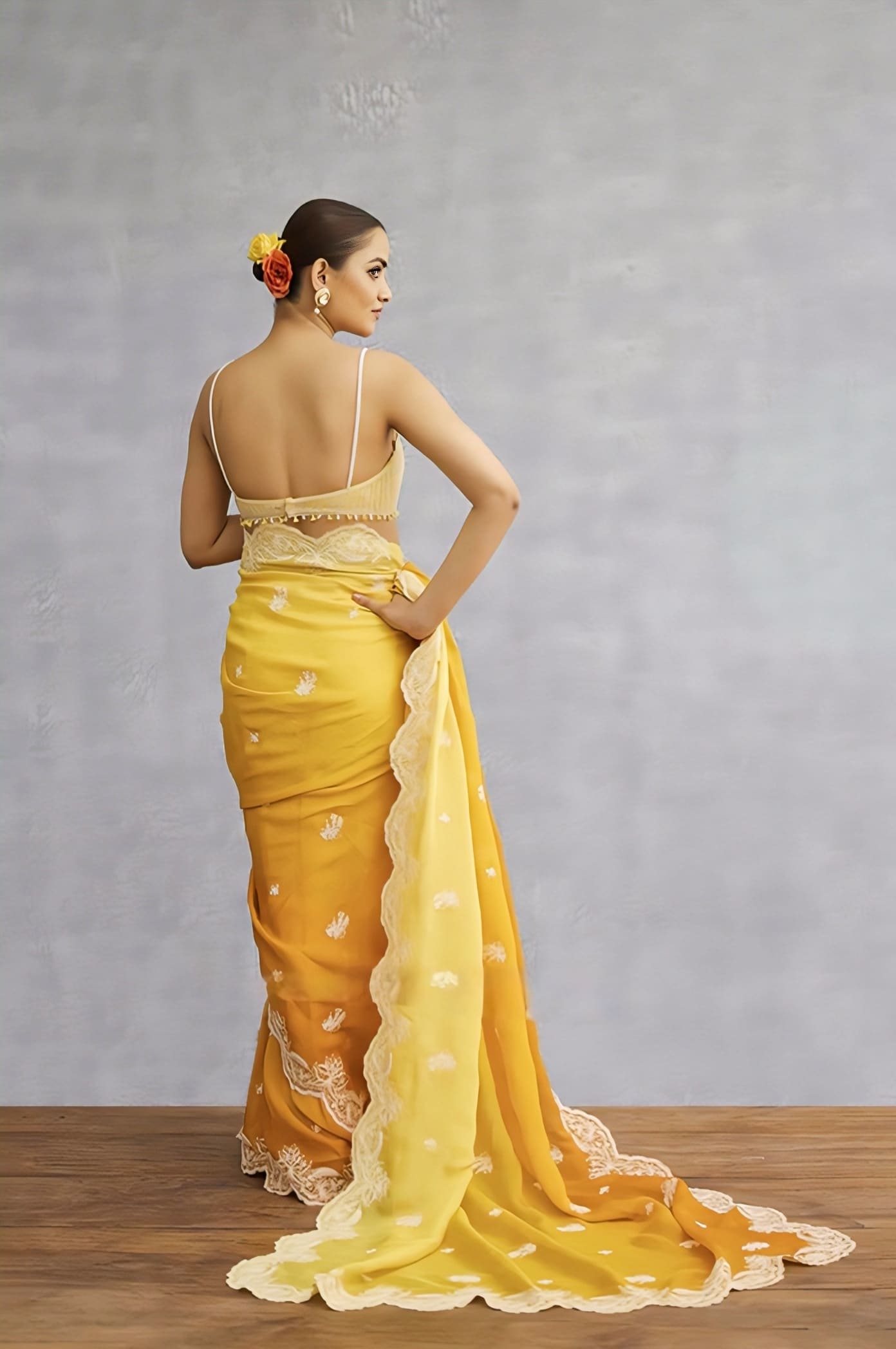 Elegant Yellow Embroidered Saree Blouse with Delicate Strap Design