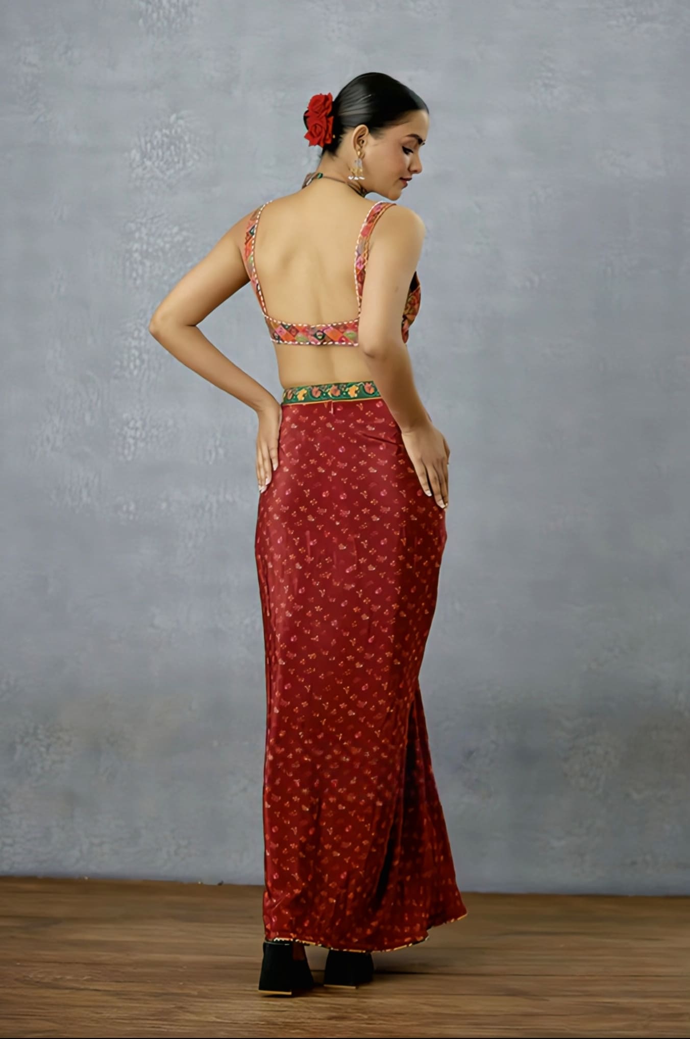 Vibrant Green Patchwork Saree Blouse with Deep V Neck Design