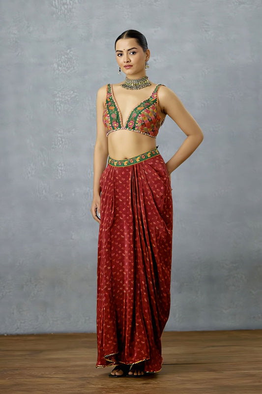 Vibrant Green Patchwork Saree Blouse with Deep V Neck Design