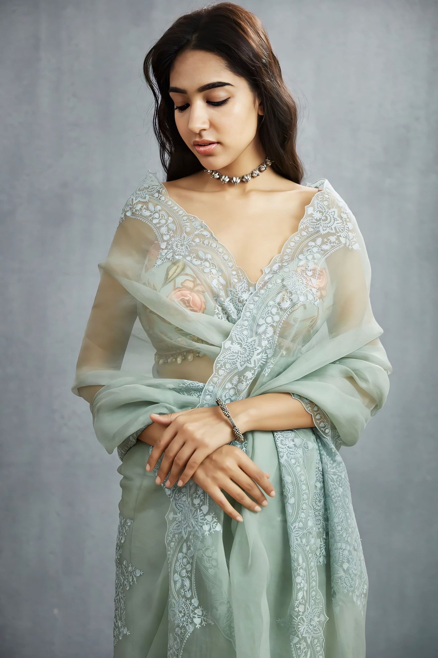 Elegant Floral Printed Saree Blouse with Pearl Tassel Detailing