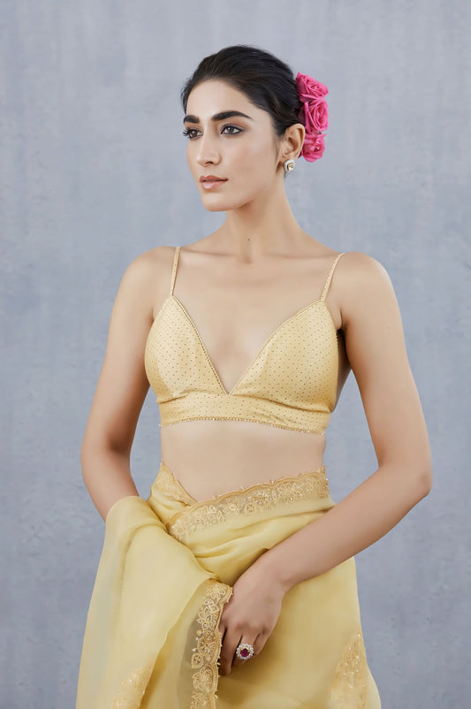 Golden spaghetti strap deep V-neck fancy blouse design paired with pastel yellow saree