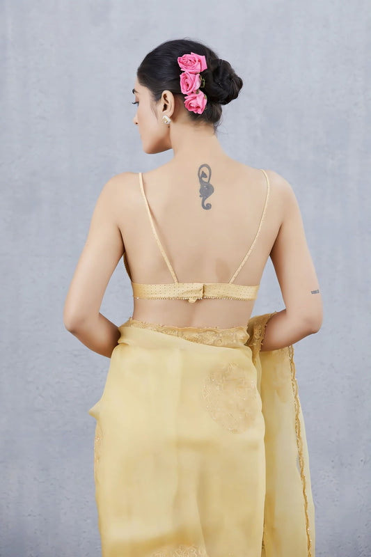 Golden Spaghetti Strap Fancy Blouse Design – Deep V-Neck Designer Saree Blouse