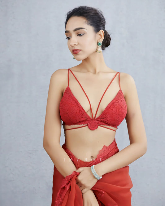 Red Deep V Neck Fancy Blouse Design – Designer Strappy Saree Blouse for Party Wear