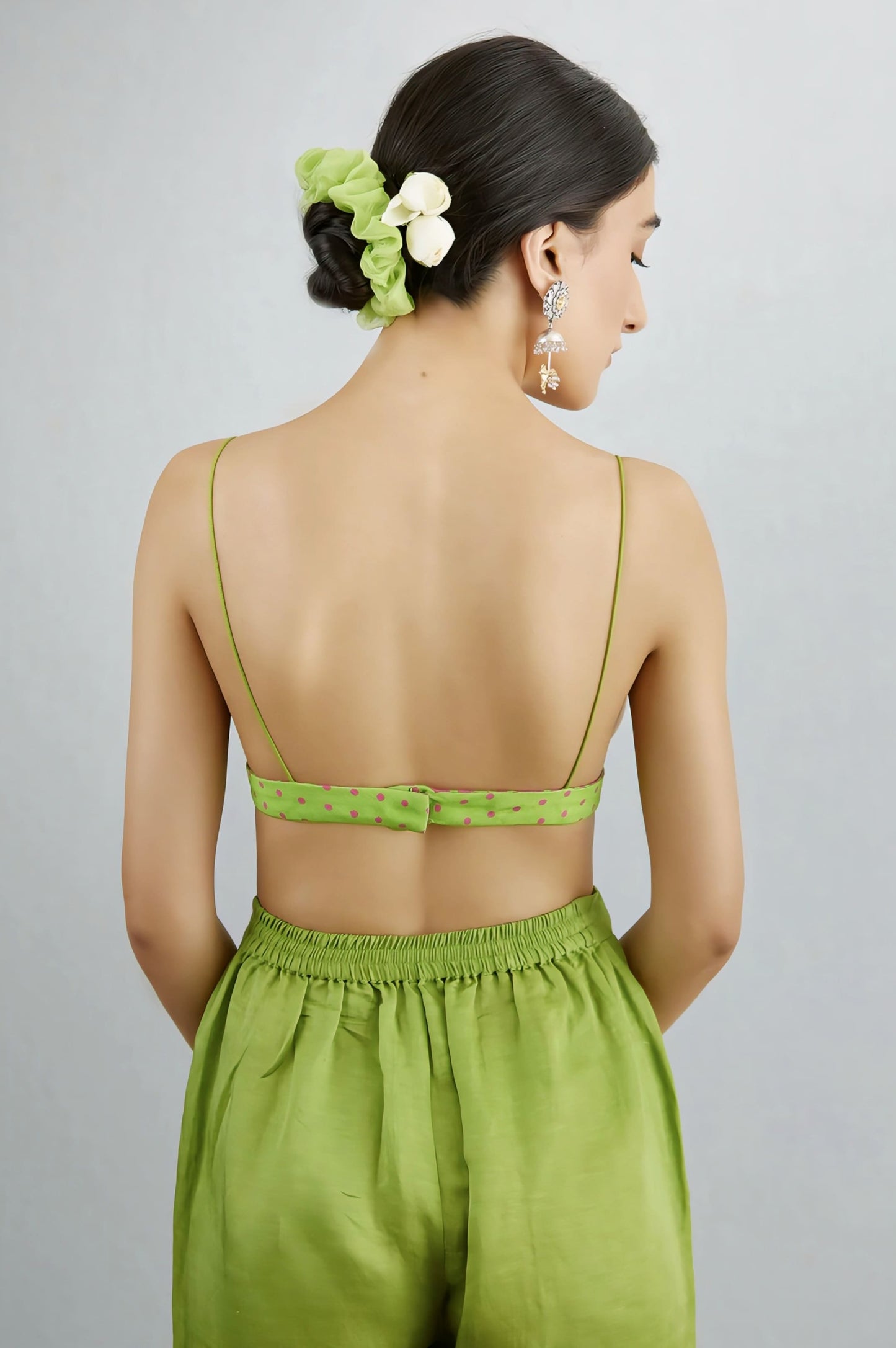 Lime Green Polka Dot Fancy Blouse Design – Stylish Deep V Neck Saree Blouse