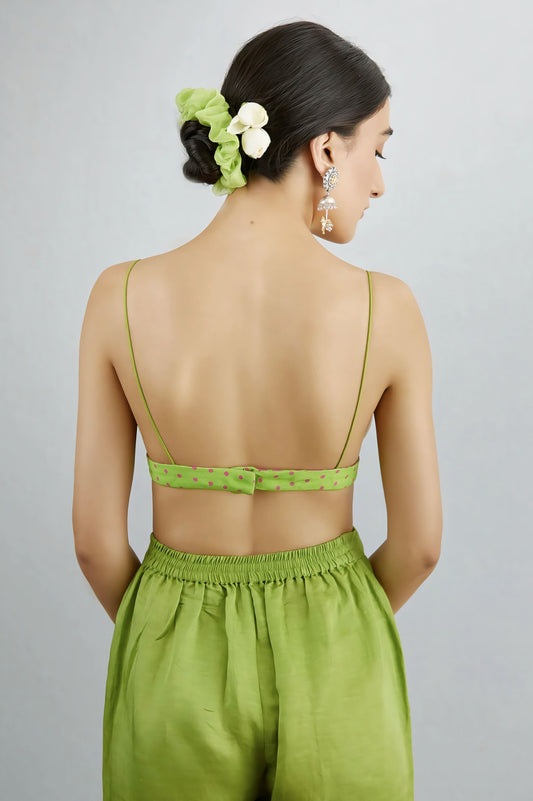 Lime Green Polka Dot Fancy Blouse Design – Stylish Deep V Neck Saree Blouse
