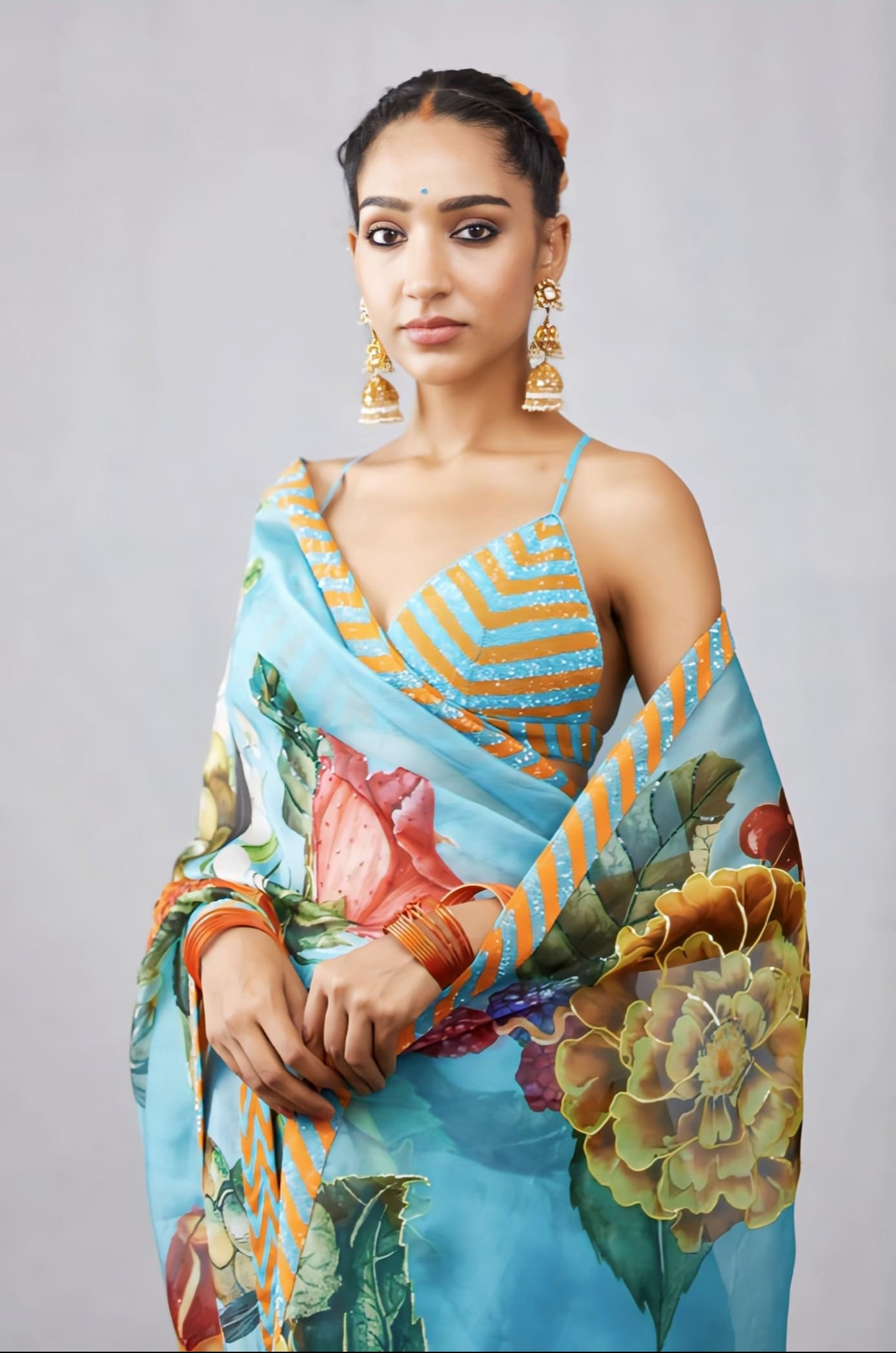 Blue Orange Striped Fancy Blouse Design – Stylish Deep V Neck Designer Blouse