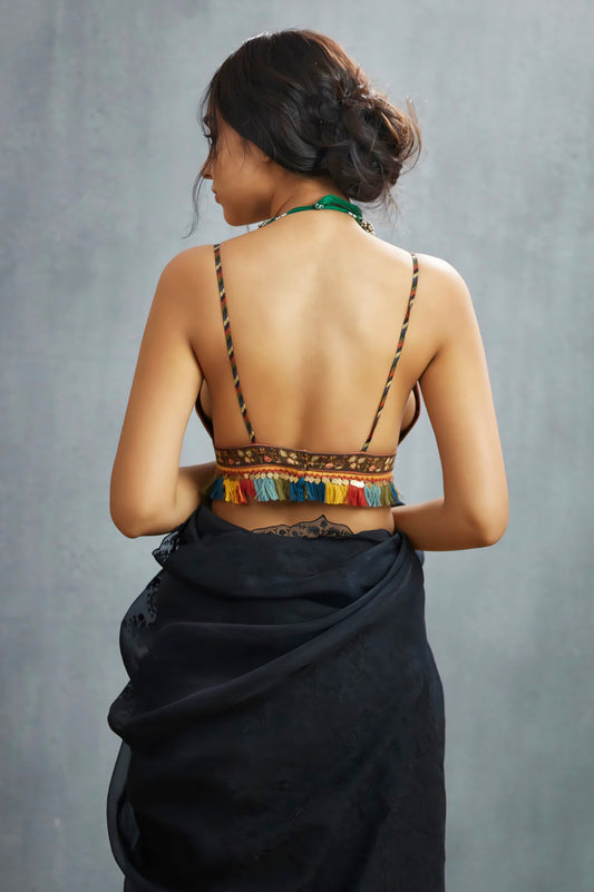 Deep Neck Floral Fancy Blouse Design with Multicolor Tassels – Trendy Designer Saree Blouse