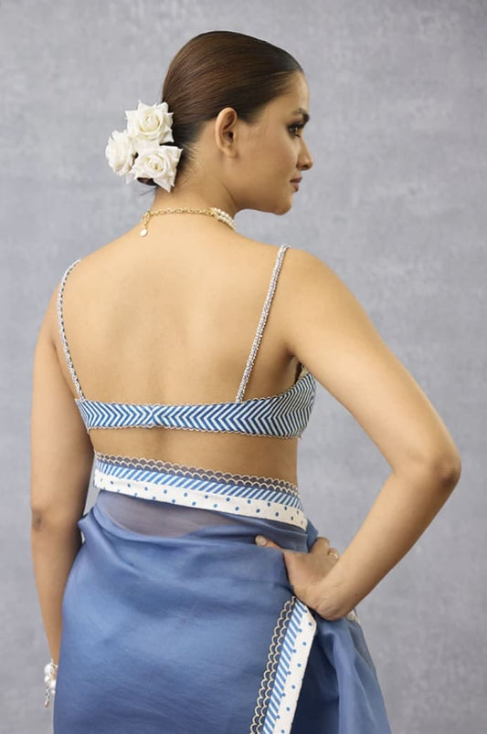 Designer Blue Fancy Blouse Design with Chevron Print & Lace Detail
