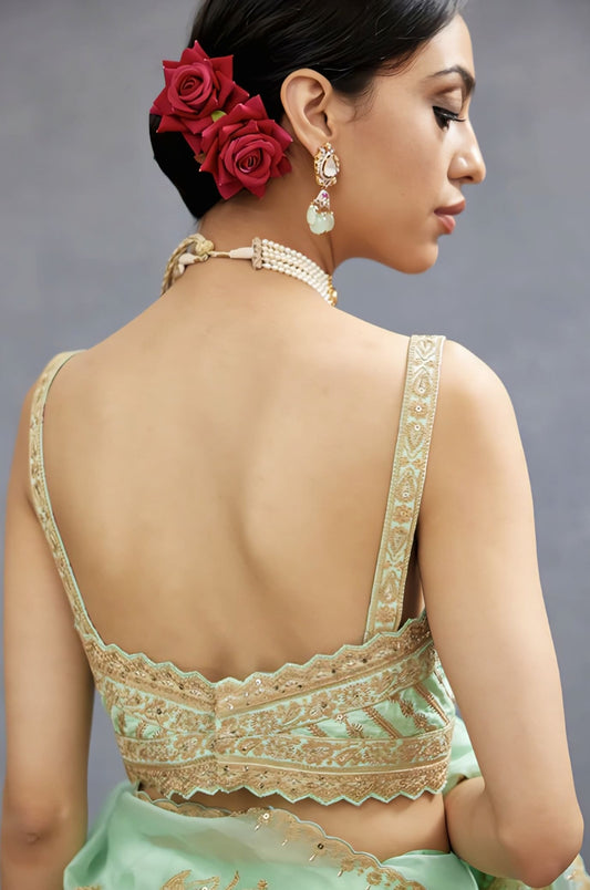 Mint Green Fancy Blouse Design with Gold Embroidery & Scalloped Neck