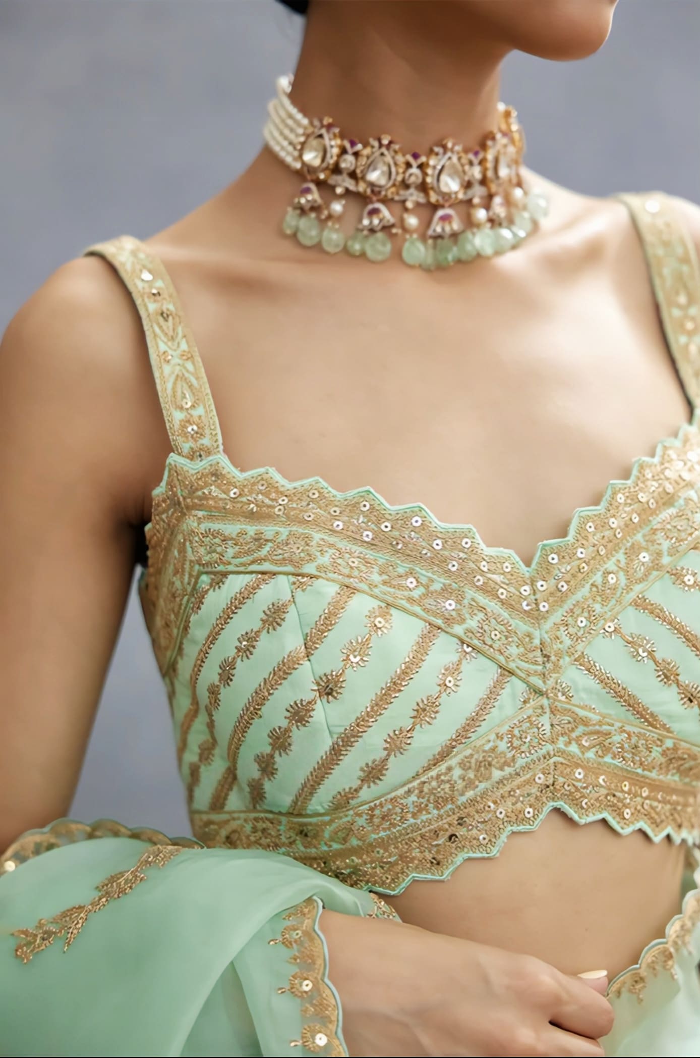 Mint Green Fancy Blouse Design with Gold Embroidery & Scalloped Neck