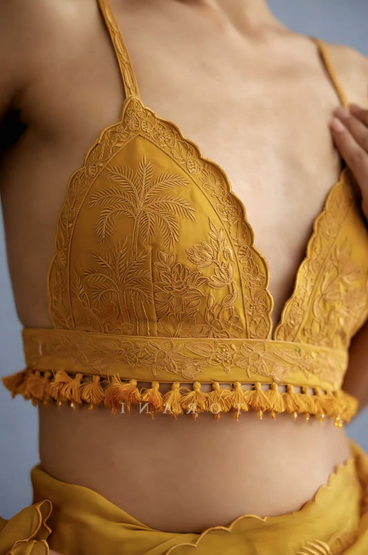 Mustard Yellow Haldi Blouse Design with Tassels – Deep Neck Spaghetti Strap Designer Blouse