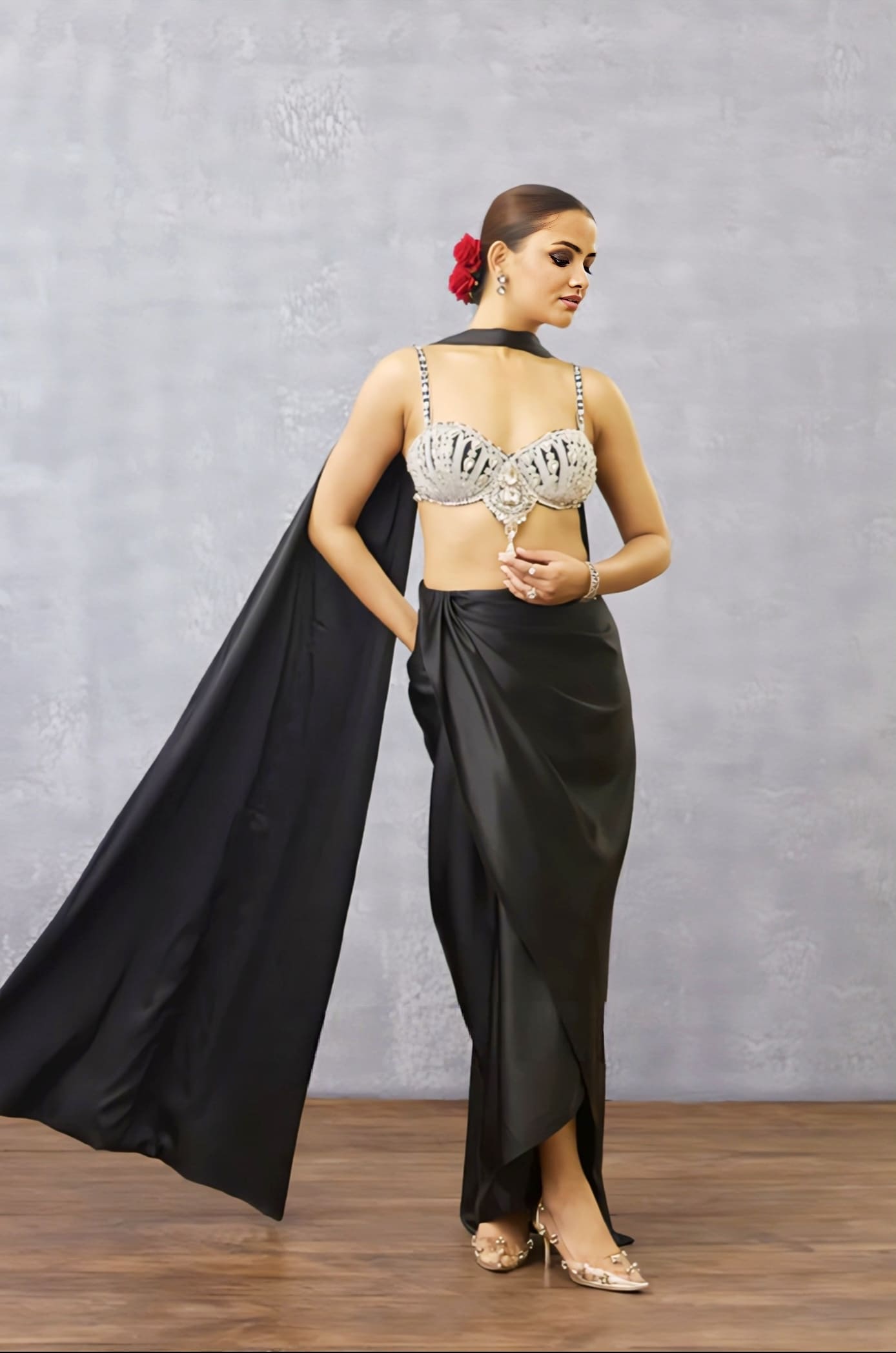 Black Designer Embroidered Blouse with Choker Neck – Heavy Party Wear Statement Blouse Design