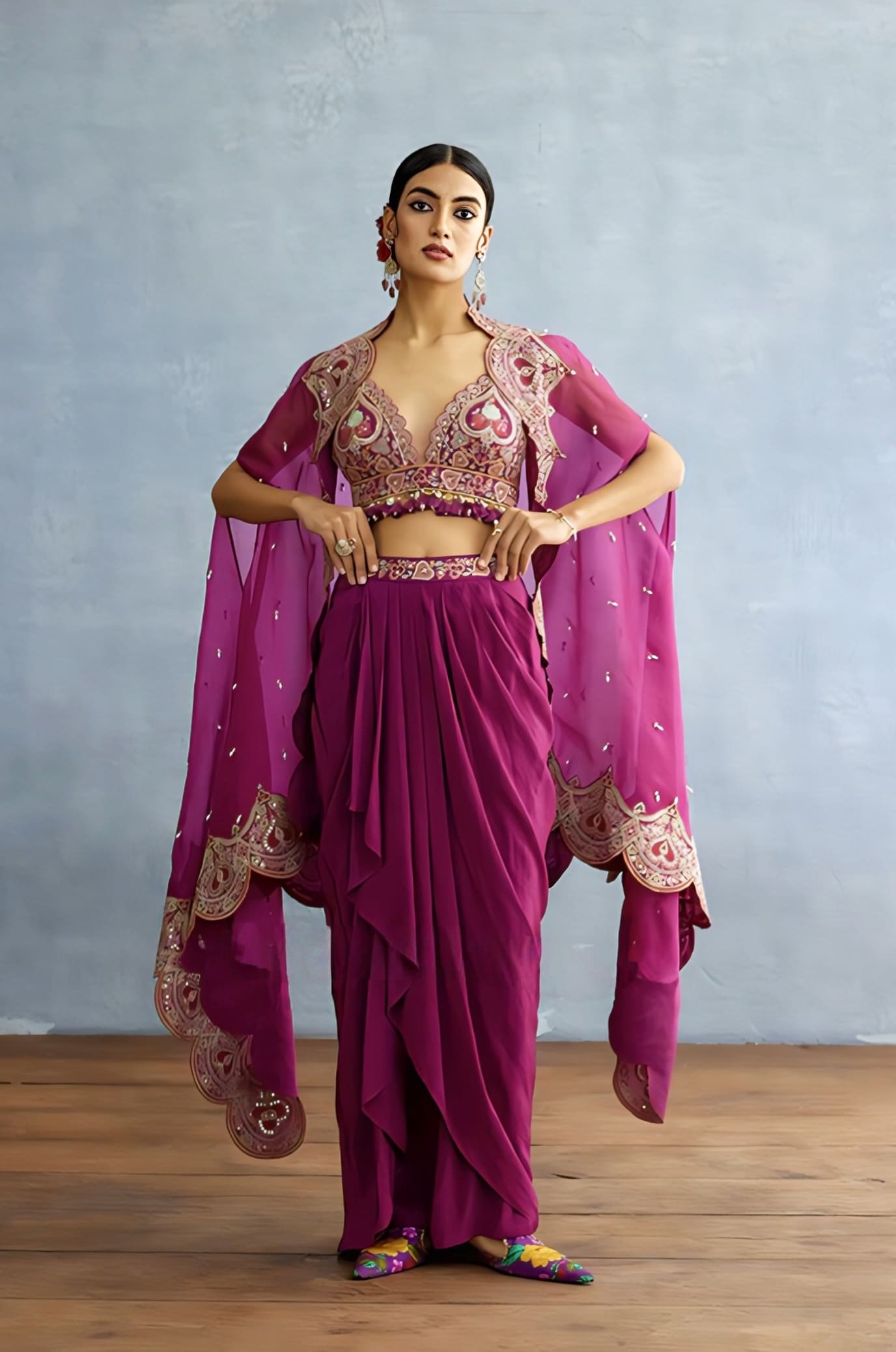 Rani Pink Heavy Embroidered Blouse with Tassels – Bridal Designer Deep Neck Blouse