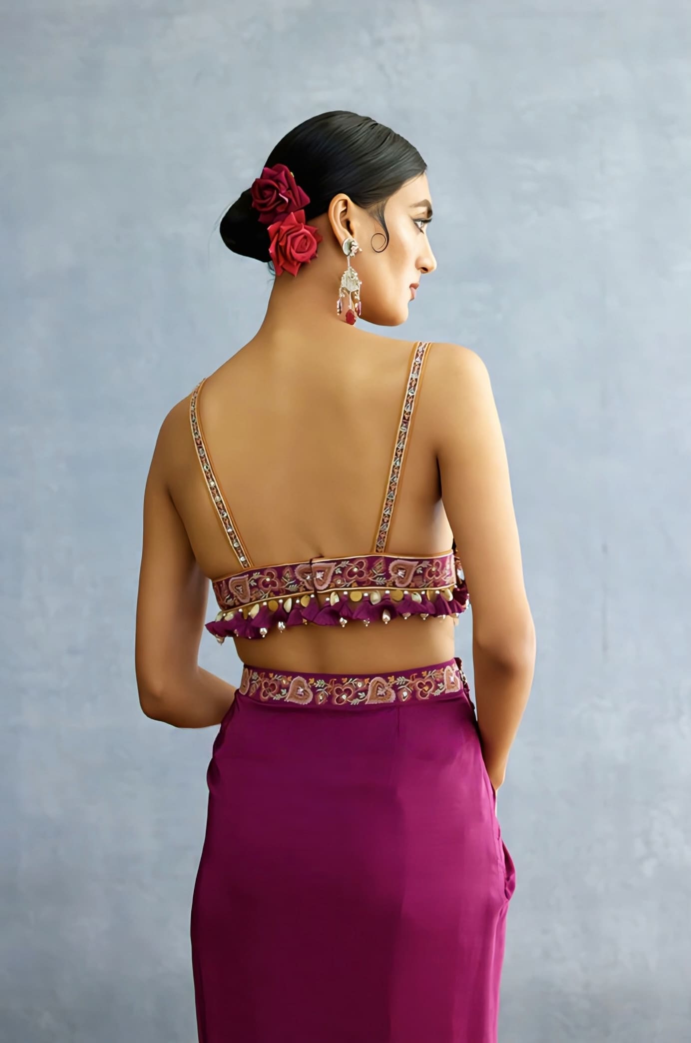 Rani Pink Heavy Embroidered Blouse with Tassels – Bridal Designer Deep Neck Blouse