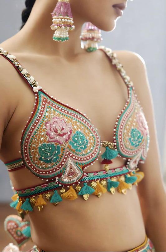 Multicolor Fancy Blouse Design with Heavy Embroidery & Tassel Detail