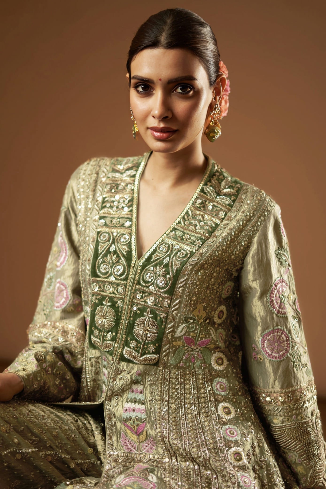 Diana Penty Inspired Sage Green Zardozi Sharara Set | Melody of Flowers Designer Ethnic Wear