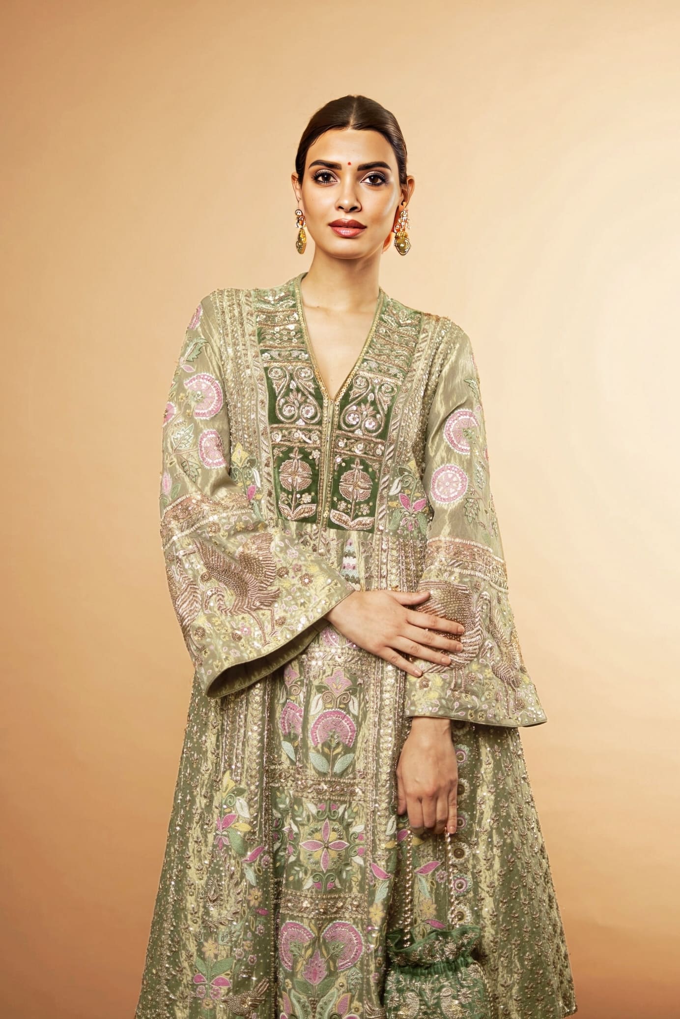 Diana Penty inspired sage green zardozi embroidered sharara set in tissue and velvet for wedding and festive wear