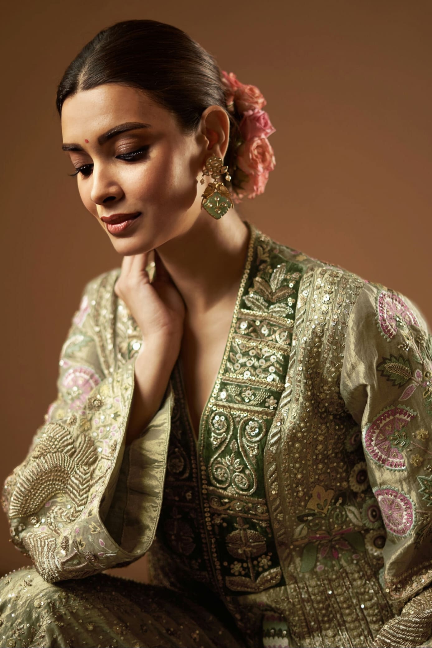 Diana Penty Inspired Sage Green Zardozi Sharara Set | Melody of Flowers Designer Ethnic Wear