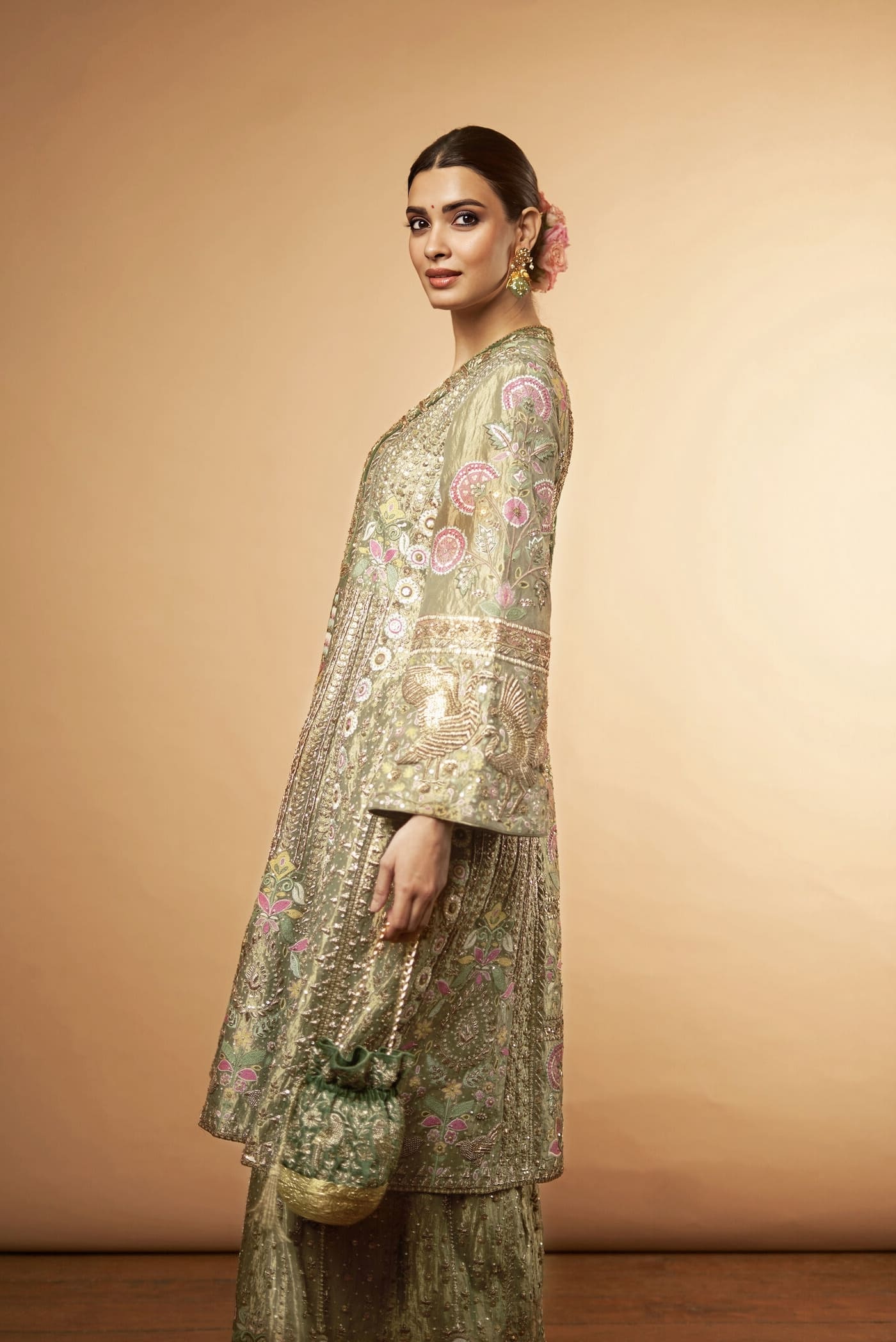 Diana Penty Inspired Sage Green Zardozi Sharara Set | Melody of Flowers Designer Ethnic Wear