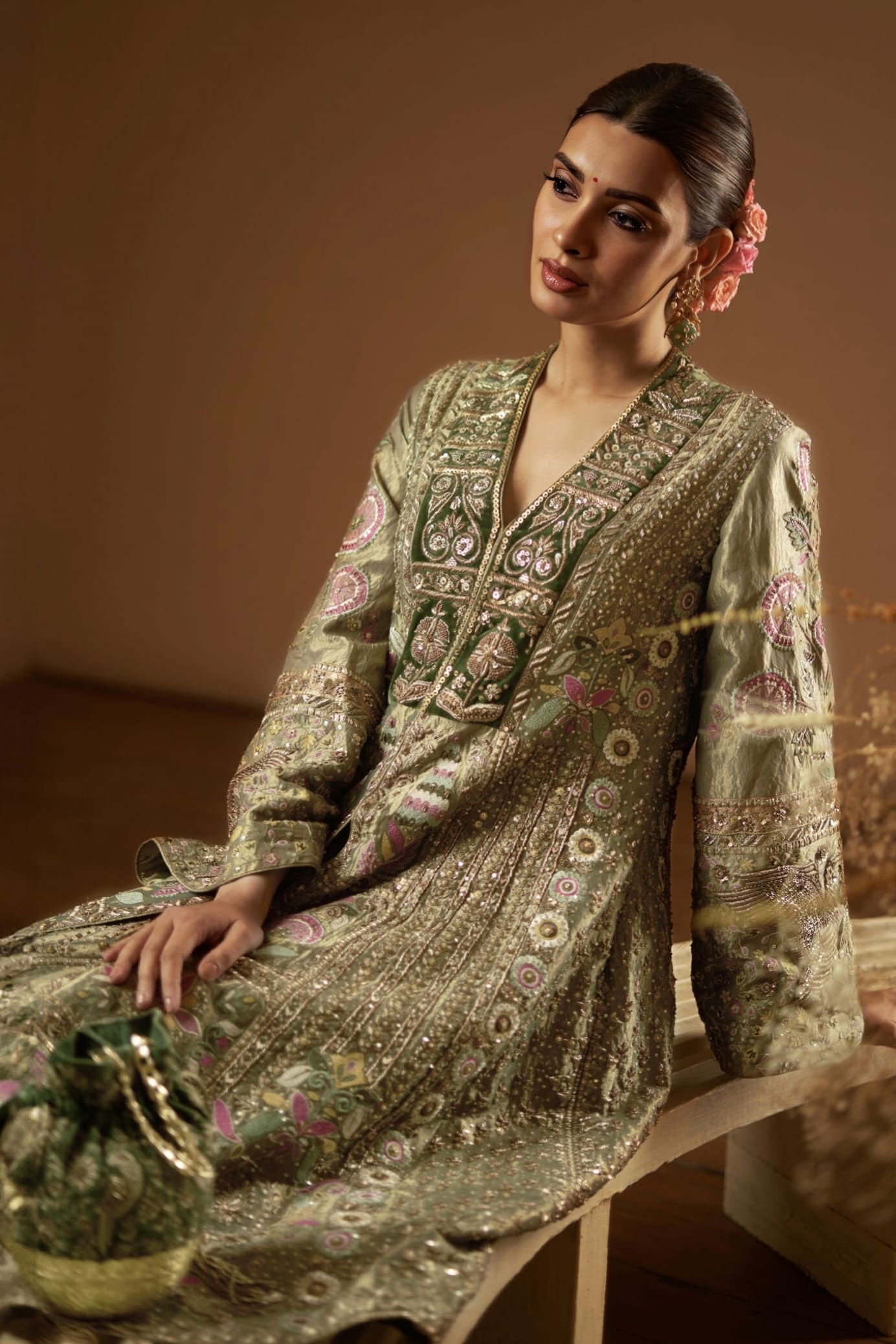 Diana Penty Inspired Sage Green Zardozi Sharara Set | Melody of Flowers Designer Ethnic Wear