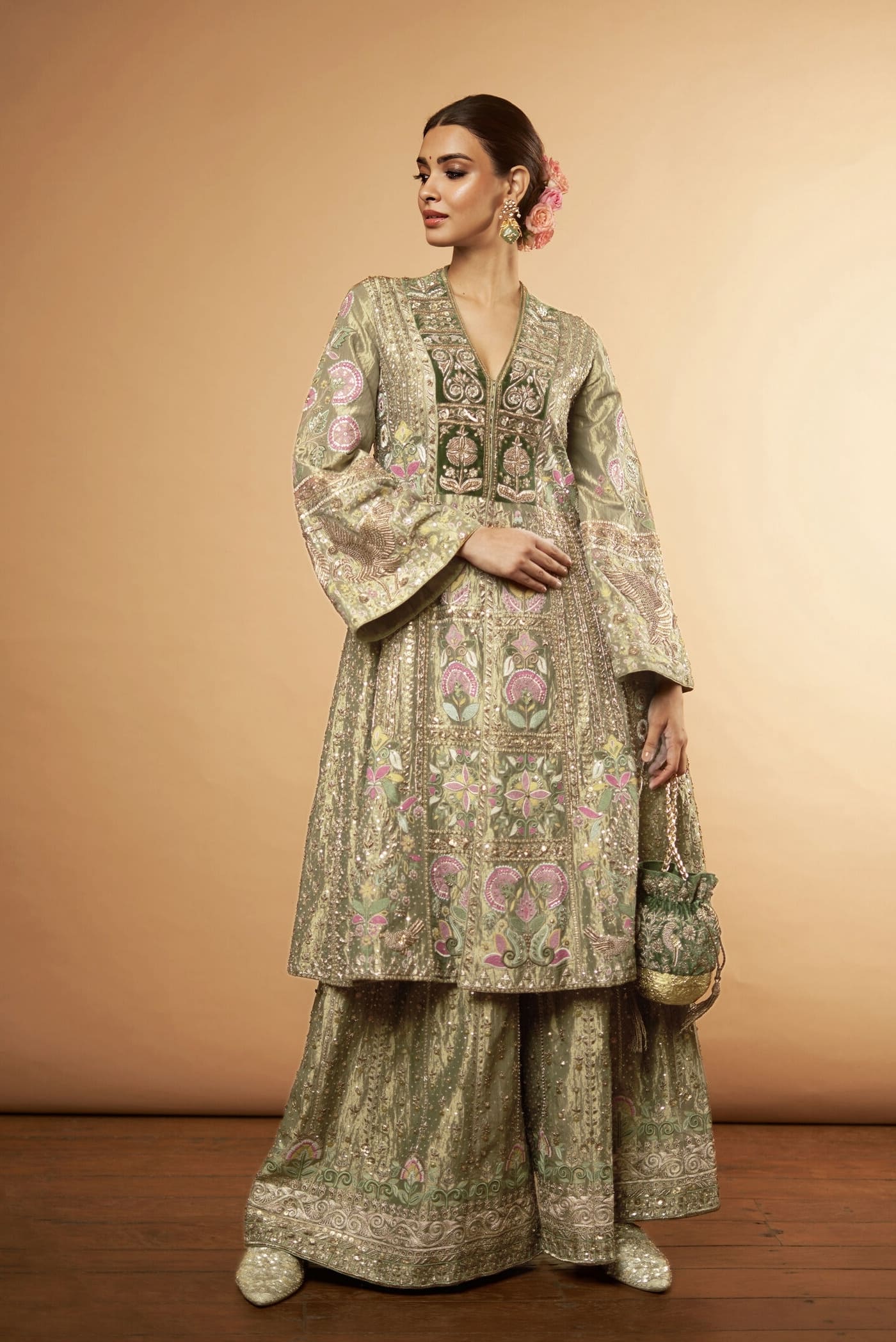 Diana Penty Inspired Sage Green Zardozi Sharara Set | Melody of Flowers Designer Ethnic Wear