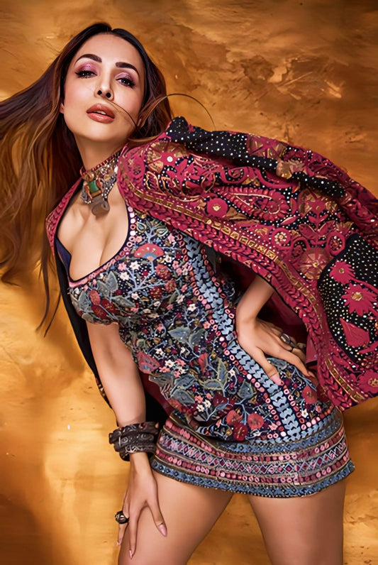 Malaika Arora inspired black silk jacket with zardozi cord and sequin embroidery for modern festive and evening wear