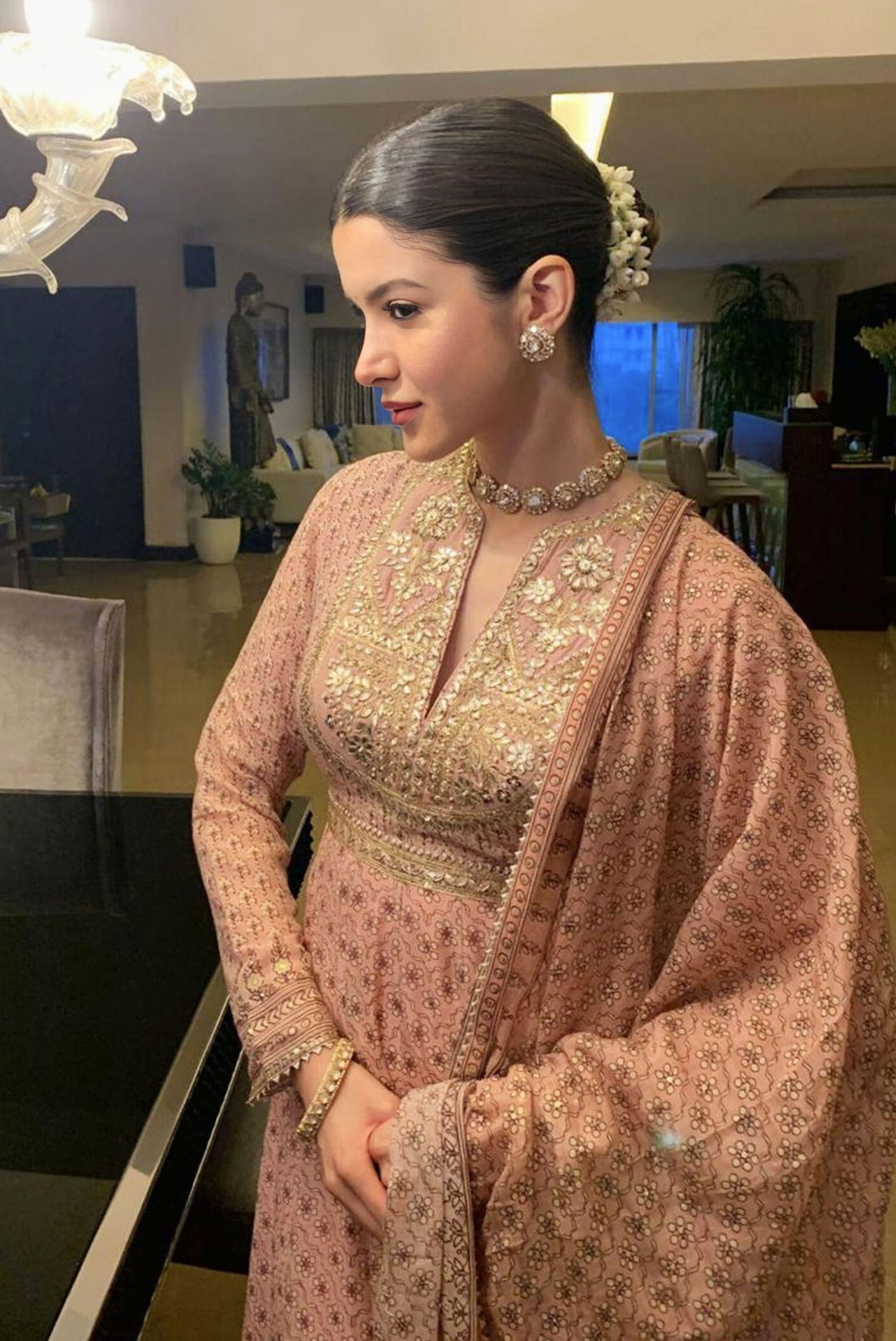 Shanaya Kapoor inspired blush mul Anarkali set with gota patti and zardozi embroidery for festive and wedding wear